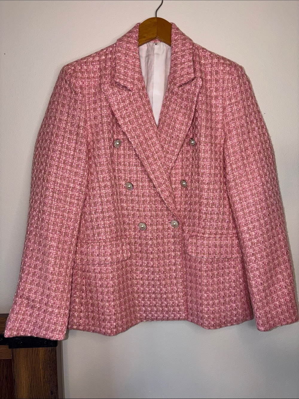 SHEIN Pink Tweed Double Breasted Blazer Pearl Button Women’s Medium M